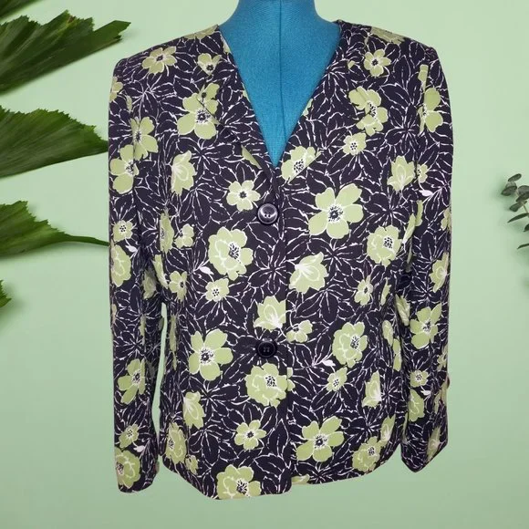 VintageCollections for Le Suit Black Blazer with Green Florals / Flowers Size 16 - Picture 1 of 3